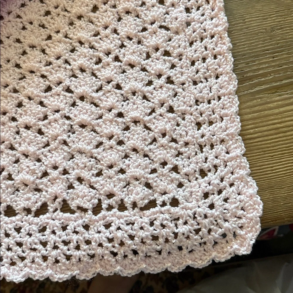 New Hand Knit/Crocheted Baby Blanket - baby pink 50” x 37”